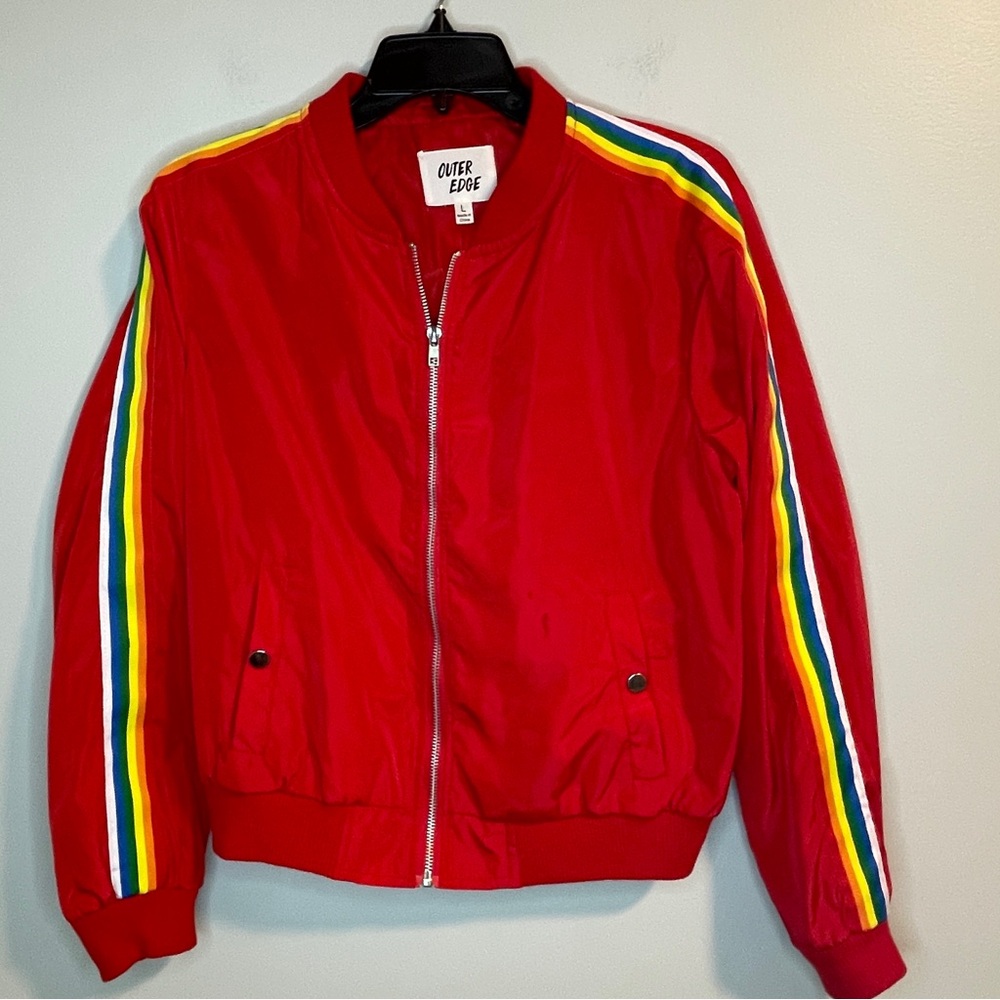Outer Edge Vibrant Red Bomber with Multicolor Stripes
